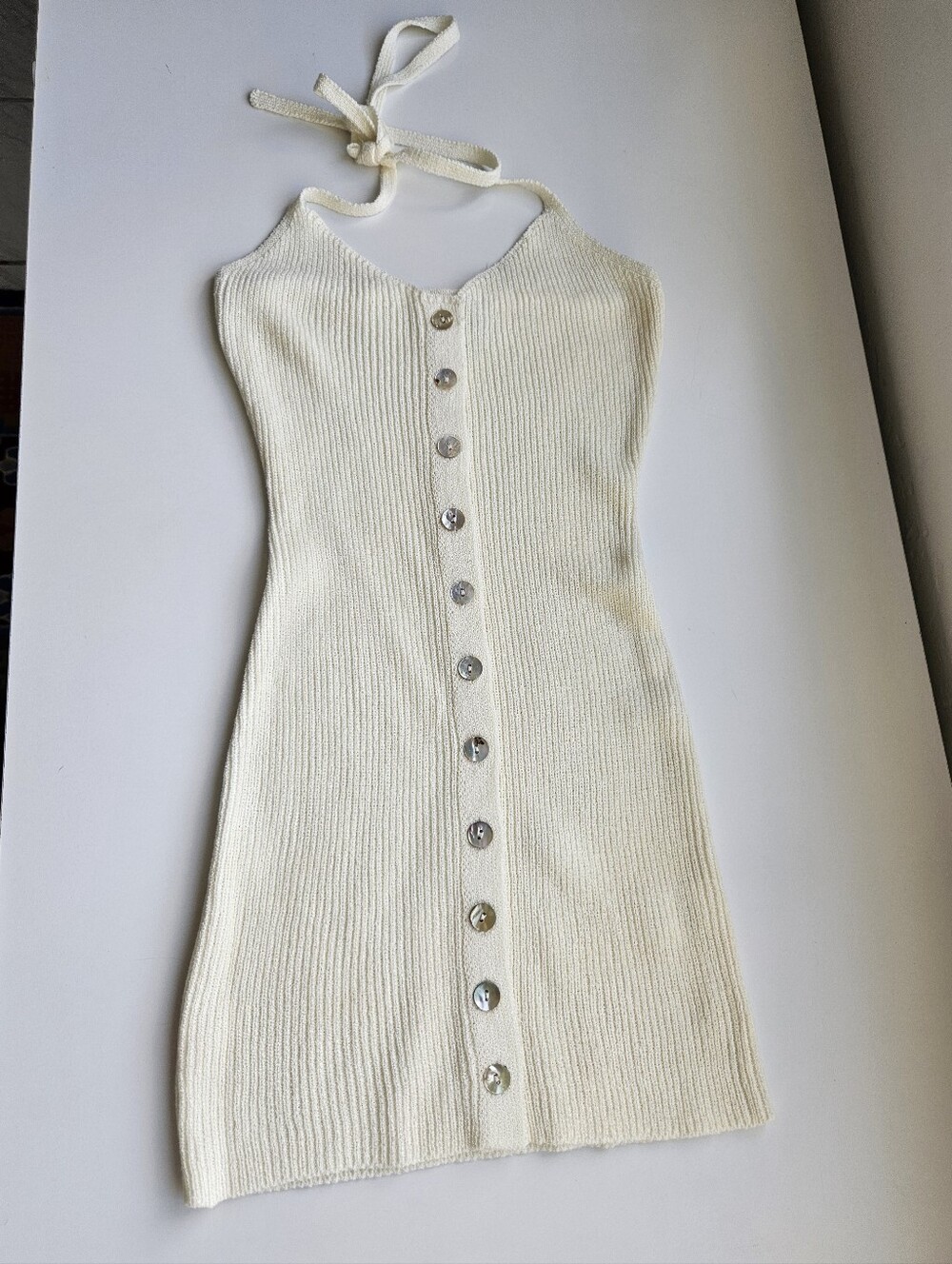 SNDYS. Buttercream Ribbed Halter-Neck Mini Dress